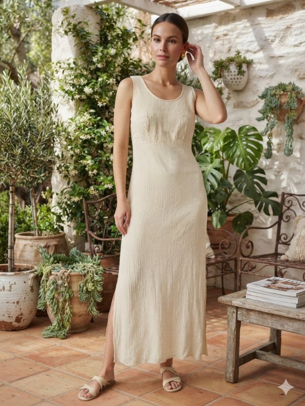 Vintage 90s Karin Stevens Cream Textured Maxi Dress Coquette Cottagecore Summer